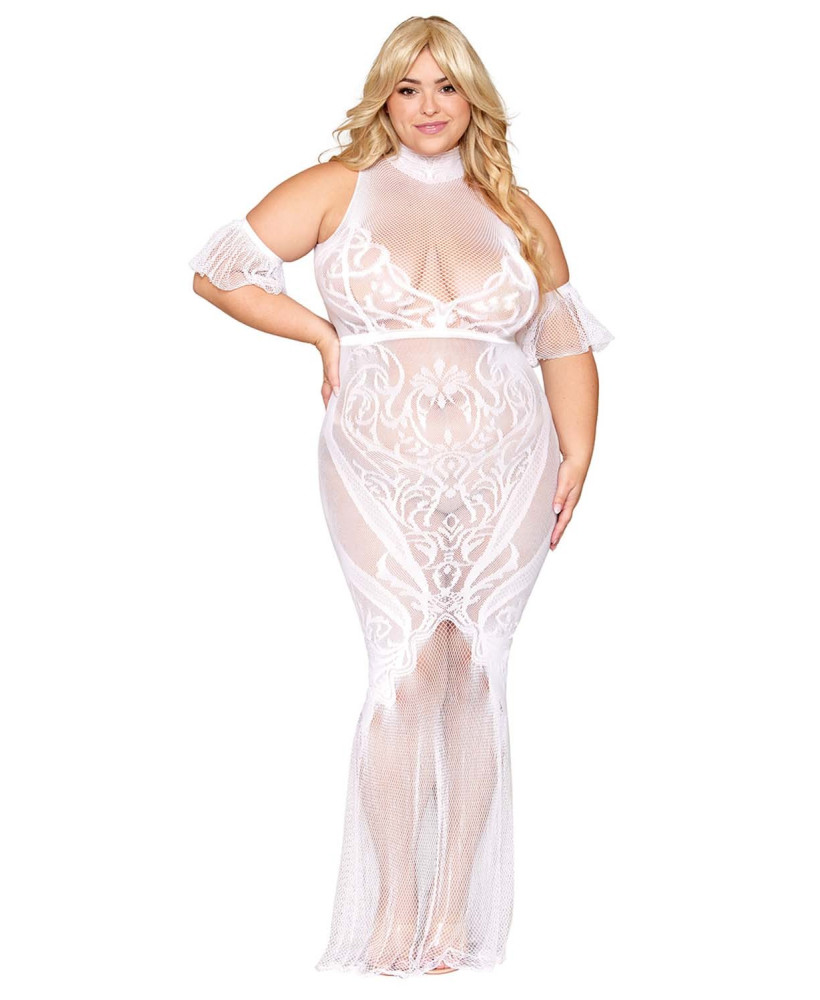 Robe bodystocking, grande taille, en résille t dentelle blanche 